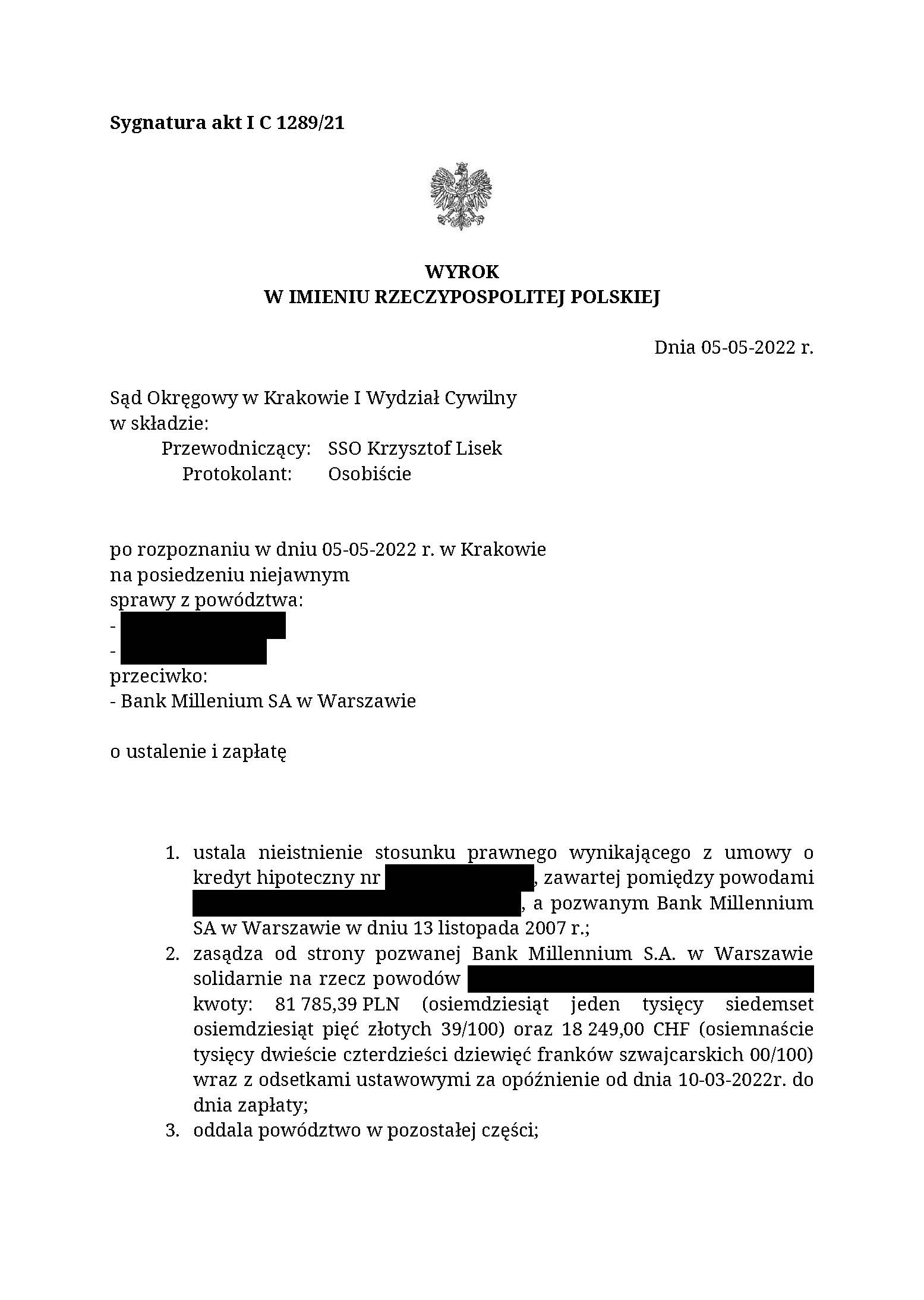 chf wygrana z bankiem millenium 