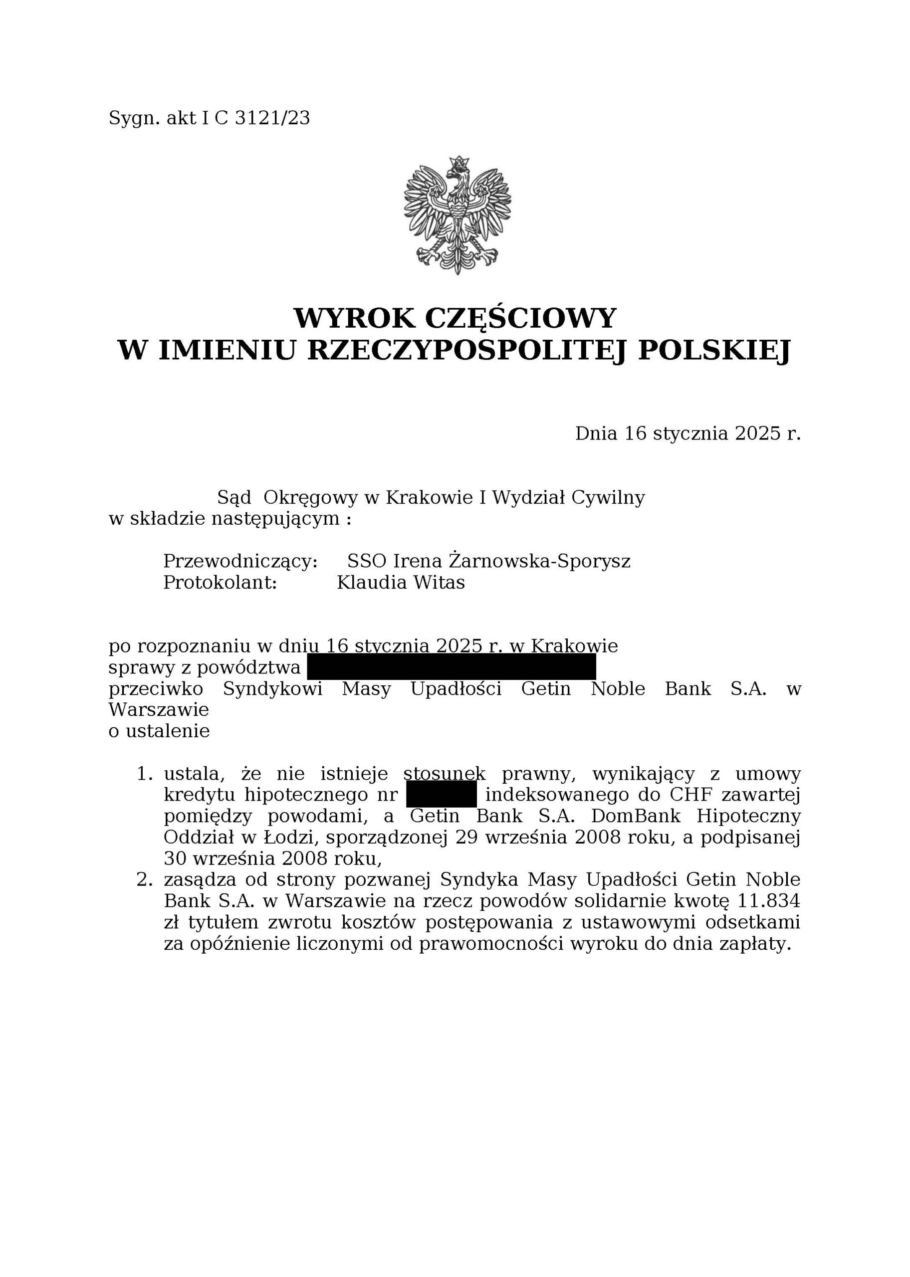 wyrok przeciwko syndykowi getin chf