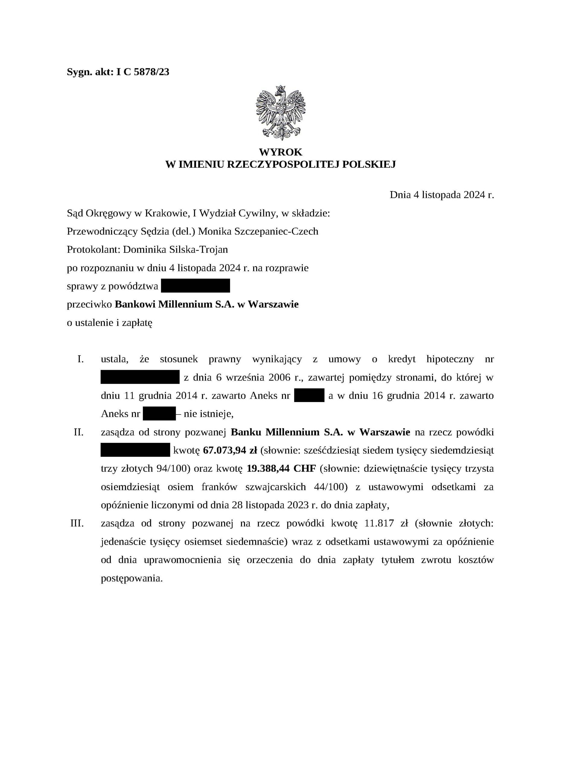 Wygrana w I instancji w sprawie przeciwko Millennium SA CHF